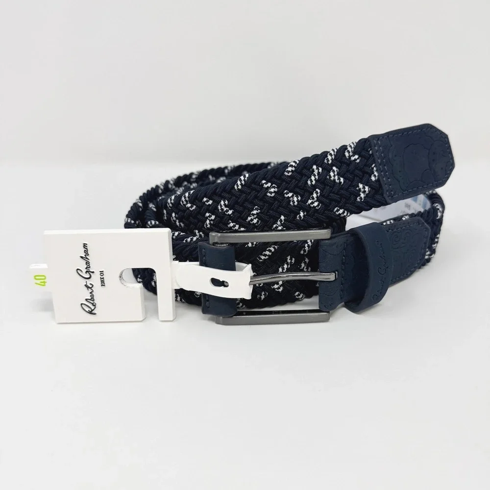 Robert Graham Jacob Belt Mens 40‎ Navy White Woven Braided Leather RG306072 NEW